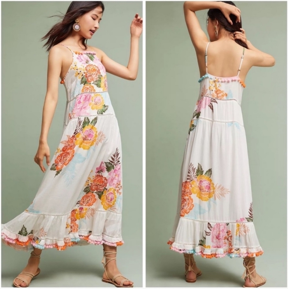 Gorgeous Farm Rio Havana White Floral Long Maxi Pompom Dress Brazil